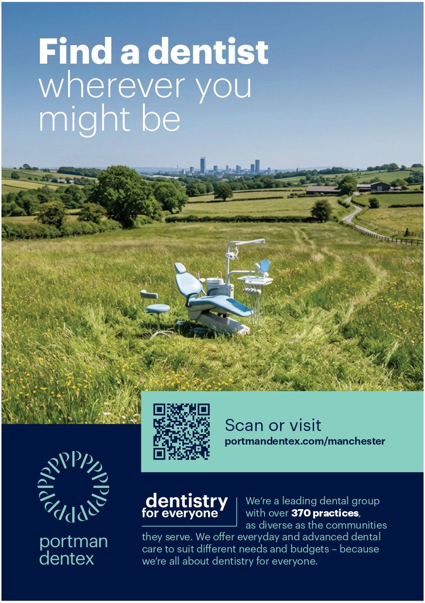 An outdoor ad showing a dental chair in a grassy field with a city skyline in the distance, beside the text "Find a dentist wherever you might be" and a QR code with "Scan or visit portmandentex.com/manchester."