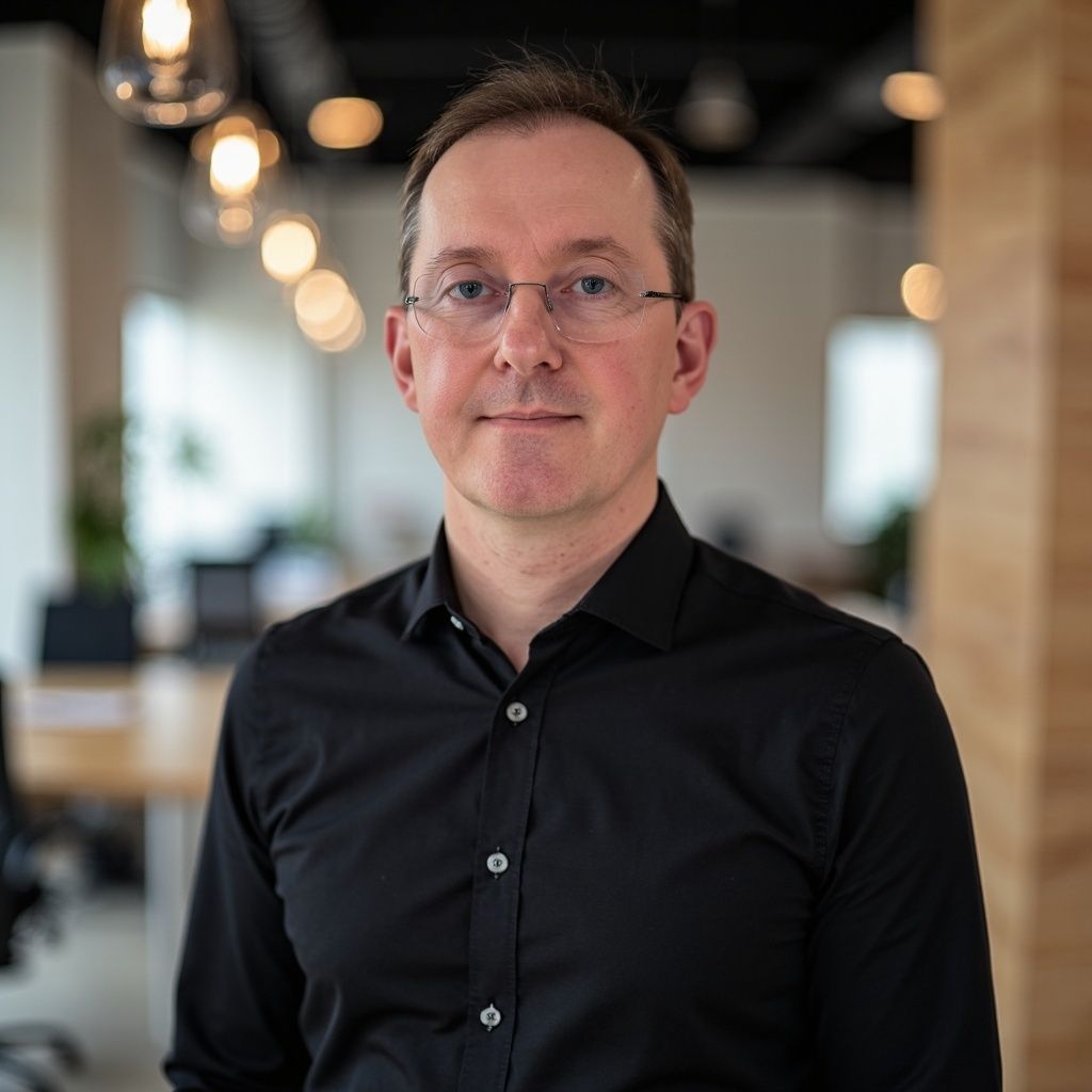 A man wearing a black shirt and glasses looks directly at the camera in an office setting.
