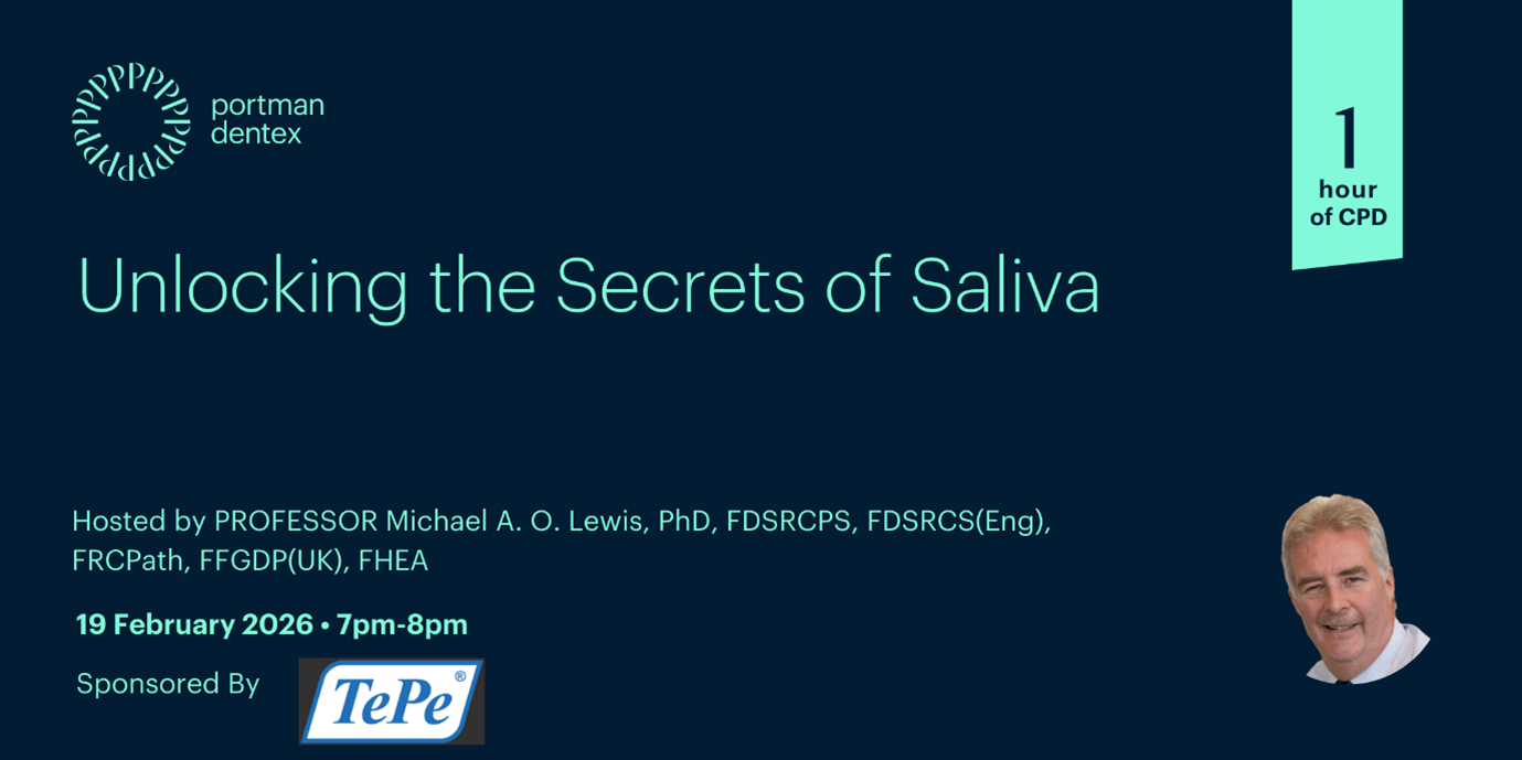Promotional banner for "Unlocking the Secrets of Saliva" by Professor Michael A. O. Lewis, 1 hour CPD, 19 February 2026, sponsored by TePe.