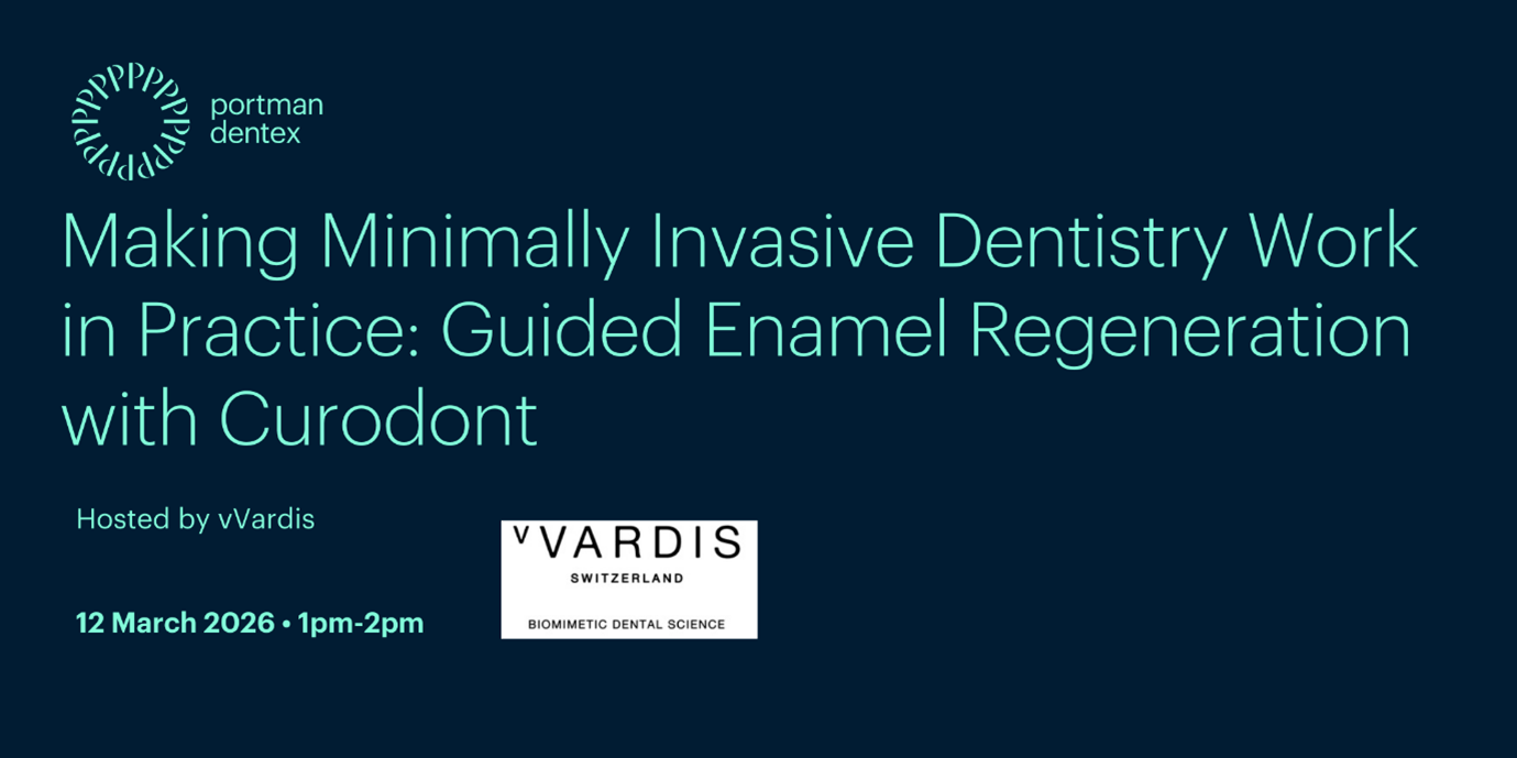 Webinar announcement: "Making Minimally Invasive Dentistry Work in Practice: Guided Enamel Regeneration with Curodont", hosted by vVardis and Portman Dentex, on March 12, 2026, 1pm-2pm.