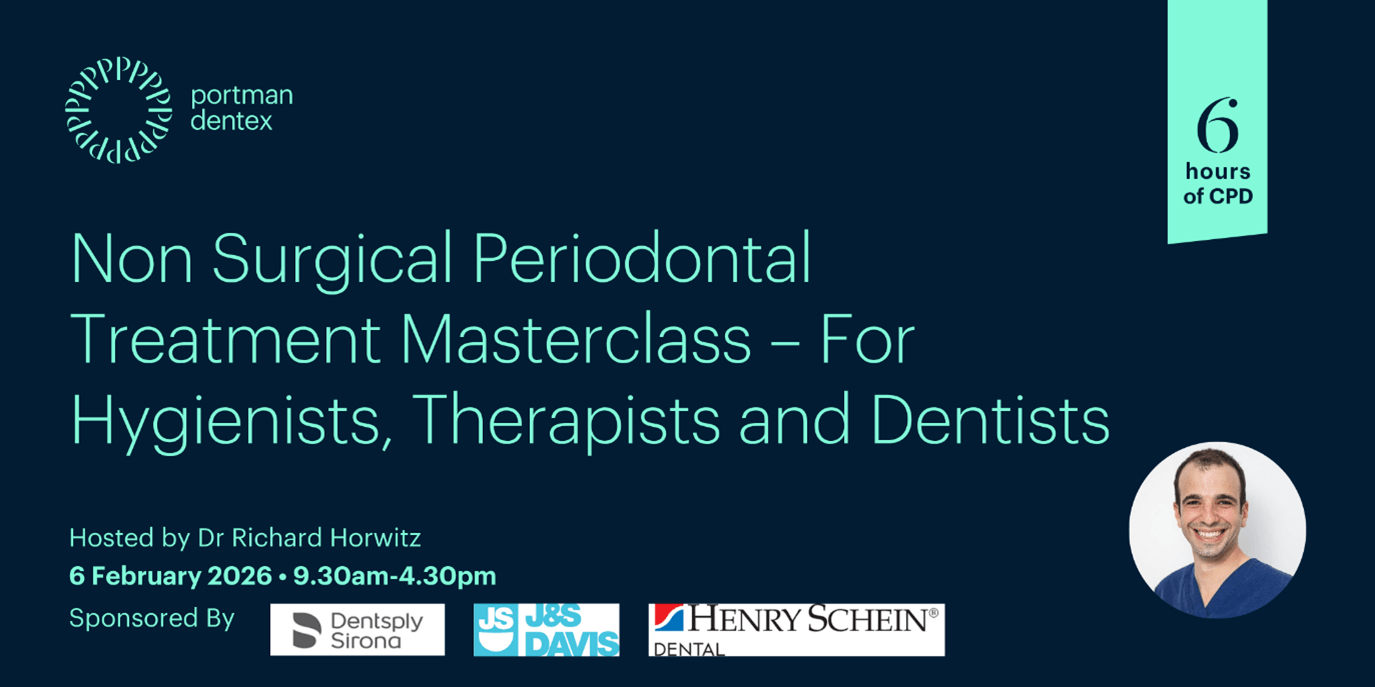 Advertisement for a "Non Surgical Periodontal Treatment Masterclass" for Hygienists, Therapists, and Dentists, hosted by Dr Richard Horwitz on February 6, 2026, offering 6 CPD hours.